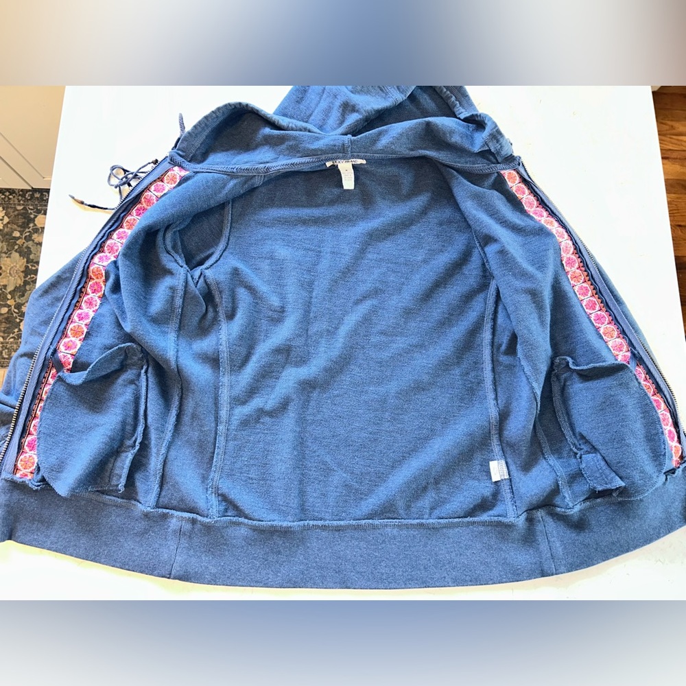 Lucky Brand Blue Zip Hoodie with Pink & Orange Embroidered Trim & Beaded String - Picture 16 of 16